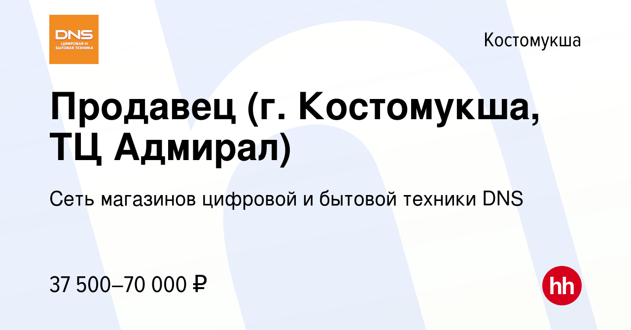 Вакансия Продавец (г. Костомукша, ТЦ Адмирал) в Костомукше, работа в  компании Сеть магазинов цифровой и бытовой техники DNS (вакансия в архиве c  13 августа 2023)