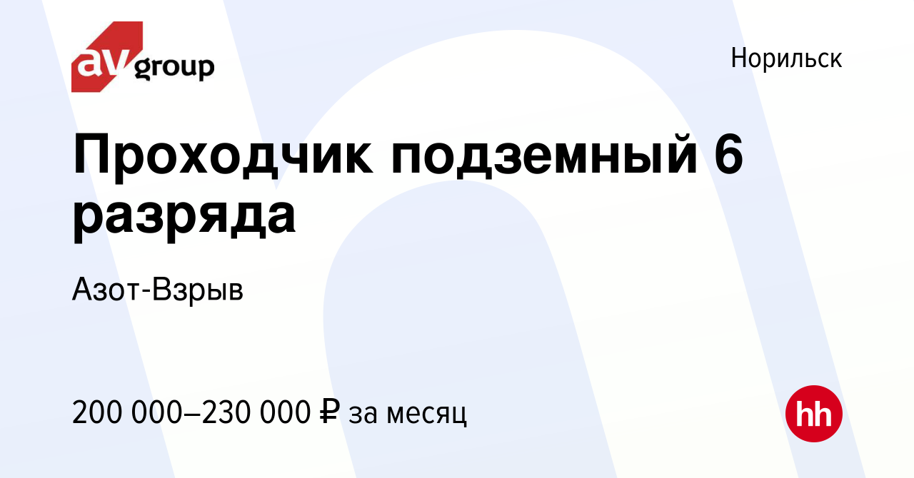 Вакансия Проходчик подземный 6 разряда в Норильске, работа в компании  Азот-Взрыв (вакансия в архиве c 16 июля 2023)