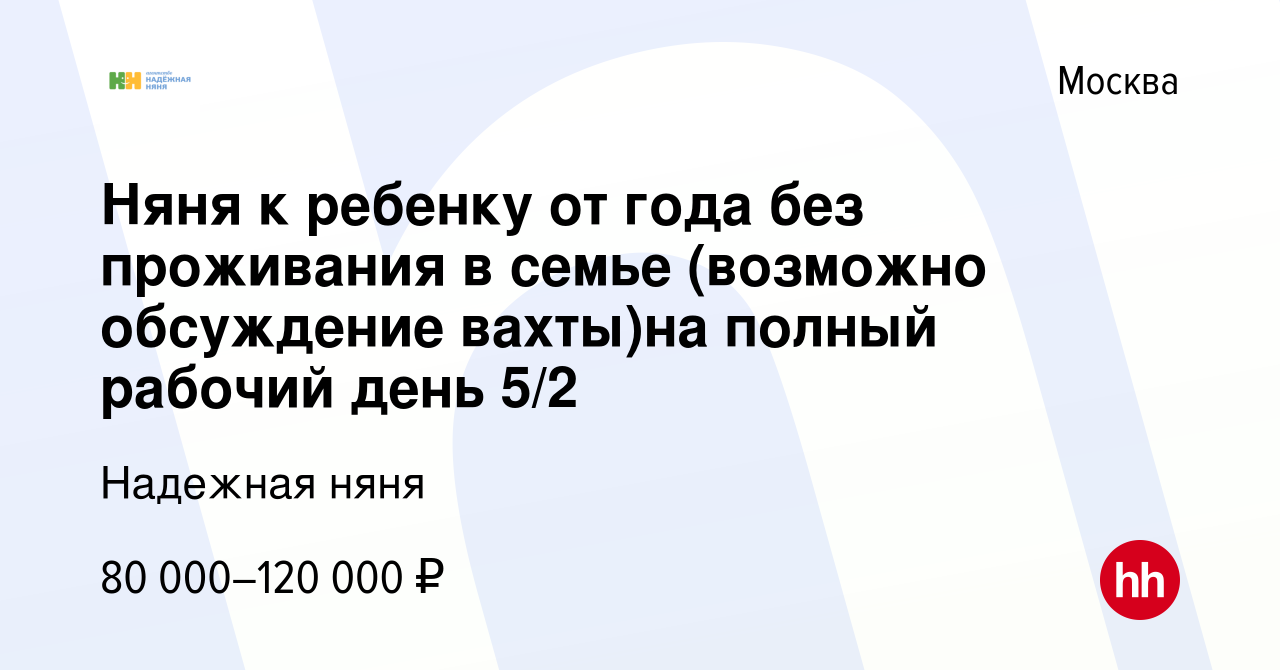 Вакансия Няня к ребенку от года без проживания в семье (возможно обсуждение  вахты)на полный рабочий день 5/2 в Москве, работа в компании Надежная няня  (вакансия в архиве c 18 августа 2023)