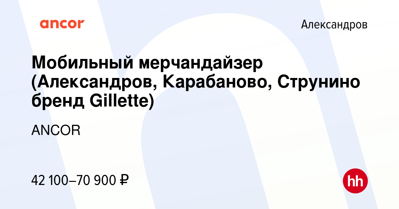 Вакансия Мобильный мерчандайзер (Александров, Карабаново, Струнино бренд  Gillette) в Александрове, работа в компании ANCOR (вакансия в архиве c 28  июня 2023)