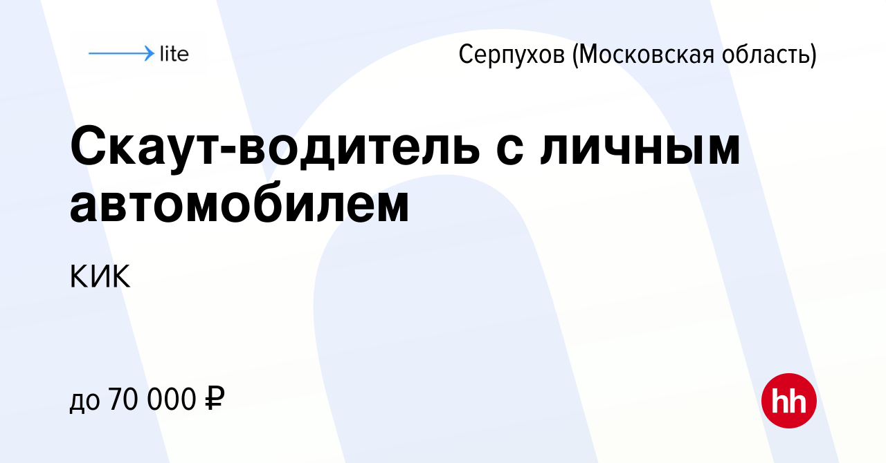 Вакансия Скаут-водитель с личным автомобилем в Серпухове, работа в компании  КИК (вакансия в архиве c 22 июля 2023)