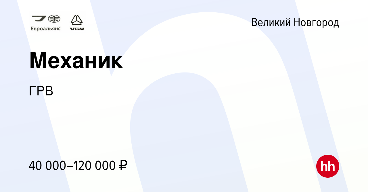 Вакансия Механик в Великом Новгороде, работа в компании ГРВ (вакансия в  архиве c 28 июля 2023)