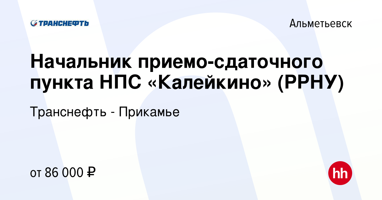 Вакансия Начальник приемо-сдаточного пункта НПС «Калейкино» (РРНУ) в  Альметьевске, работа в компании Транснефть - Прикамье (вакансия в архиве c  30 июля 2023)