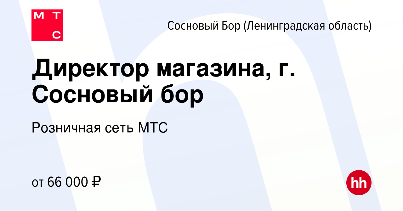 Вакансия Директор магазина, г. Сосновый бор в Сосновом Бору (Ленинградская  область), работа в компании Розничная сеть МТС (вакансия в архиве c 4  августа 2023)