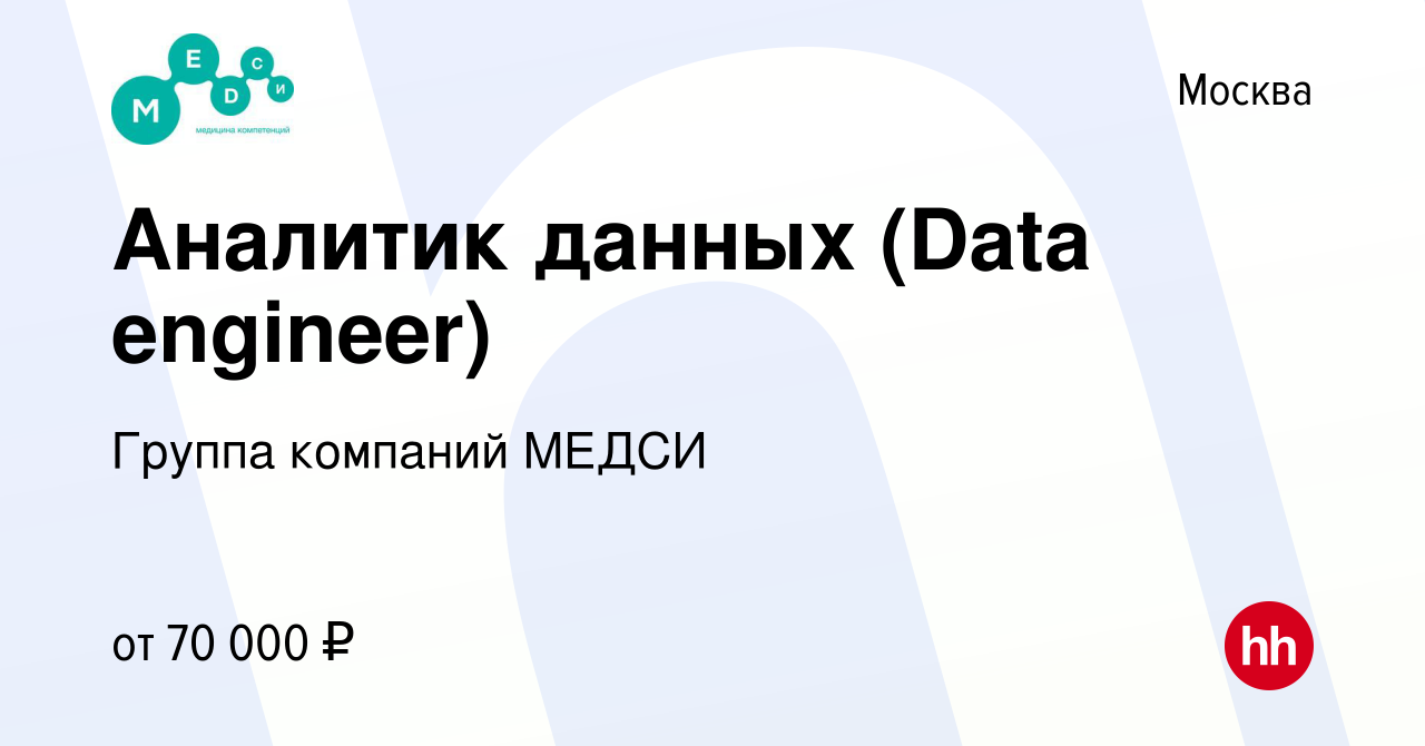 Вакансия Аналитик данных (Data engineer) в Москве, работа в компании Группа  компаний МЕДСИ (вакансия в архиве c 3 октября 2023)