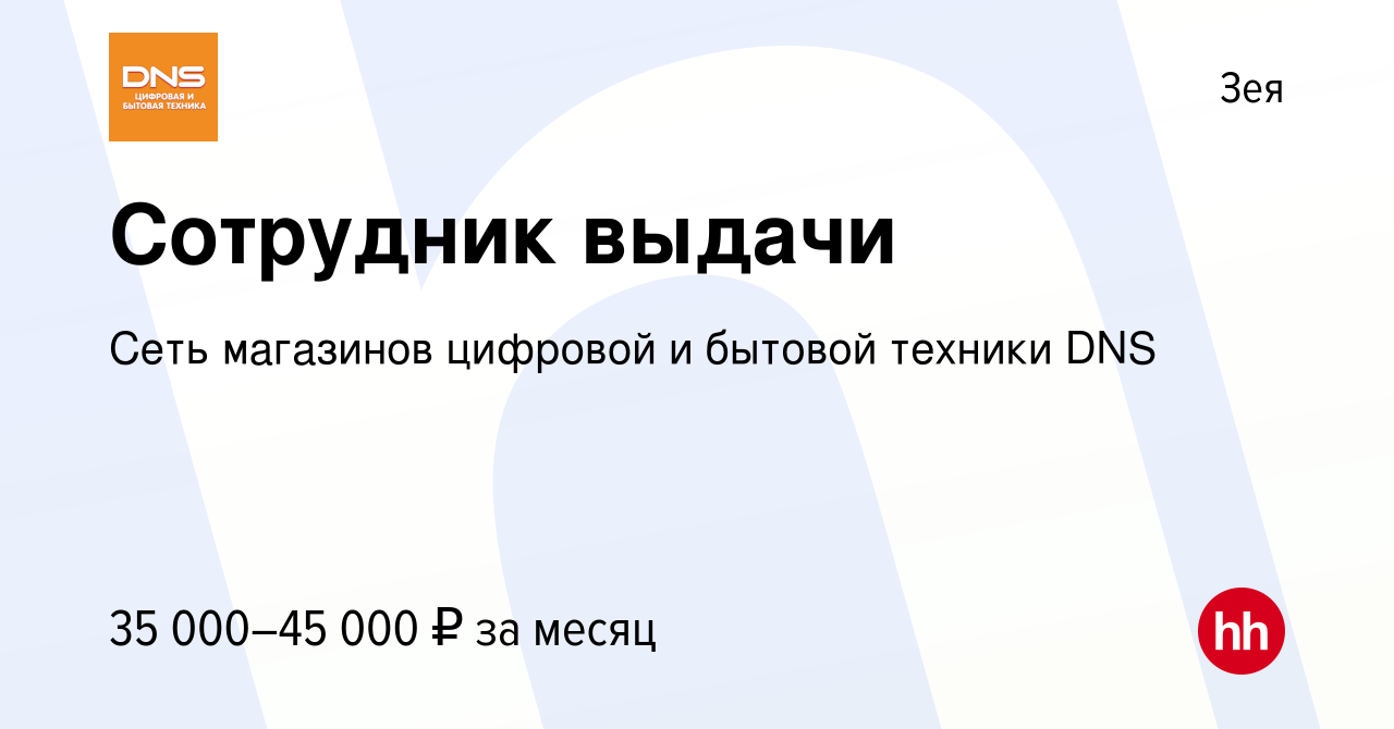 Вакансия Сотрудник выдачи в Зее, работа в компании Сеть магазинов цифровой  и бытовой техники DNS (вакансия в архиве c 29 августа 2023)