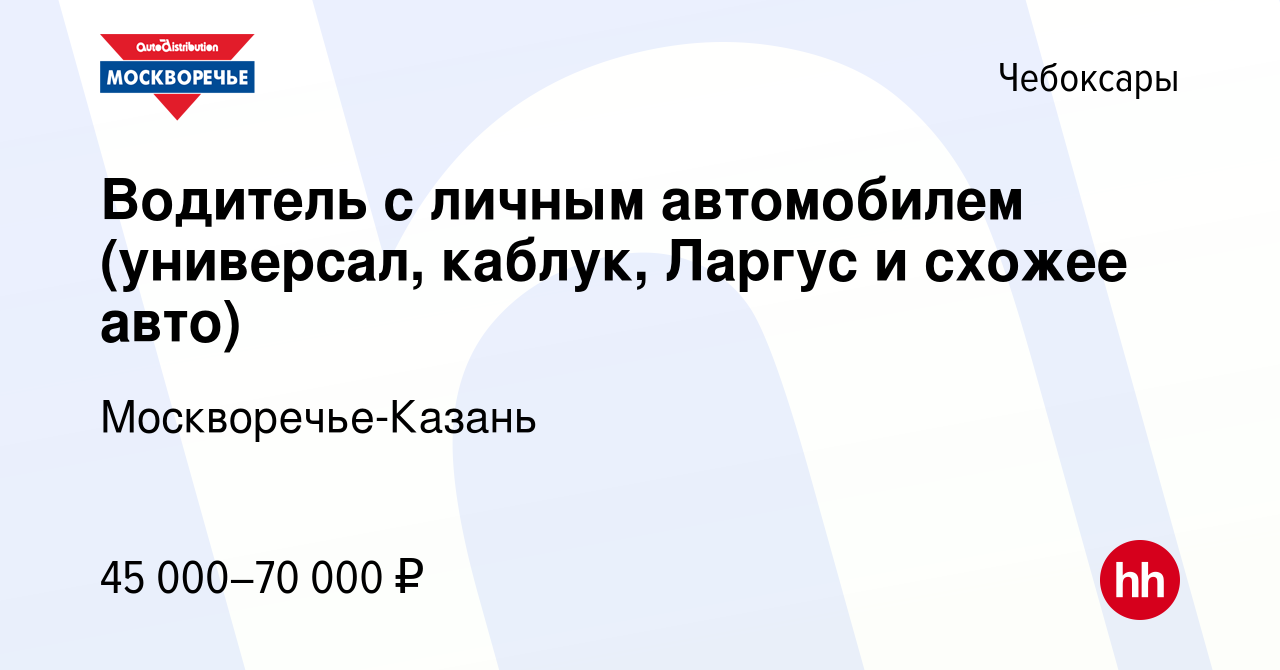 Вакансия Водитель с личным автомобилем (универсал, каблук, Ларгус и схожее  авто) в Чебоксарах, работа в компании Москворечье-Казань (вакансия в архиве  c 10 августа 2023)