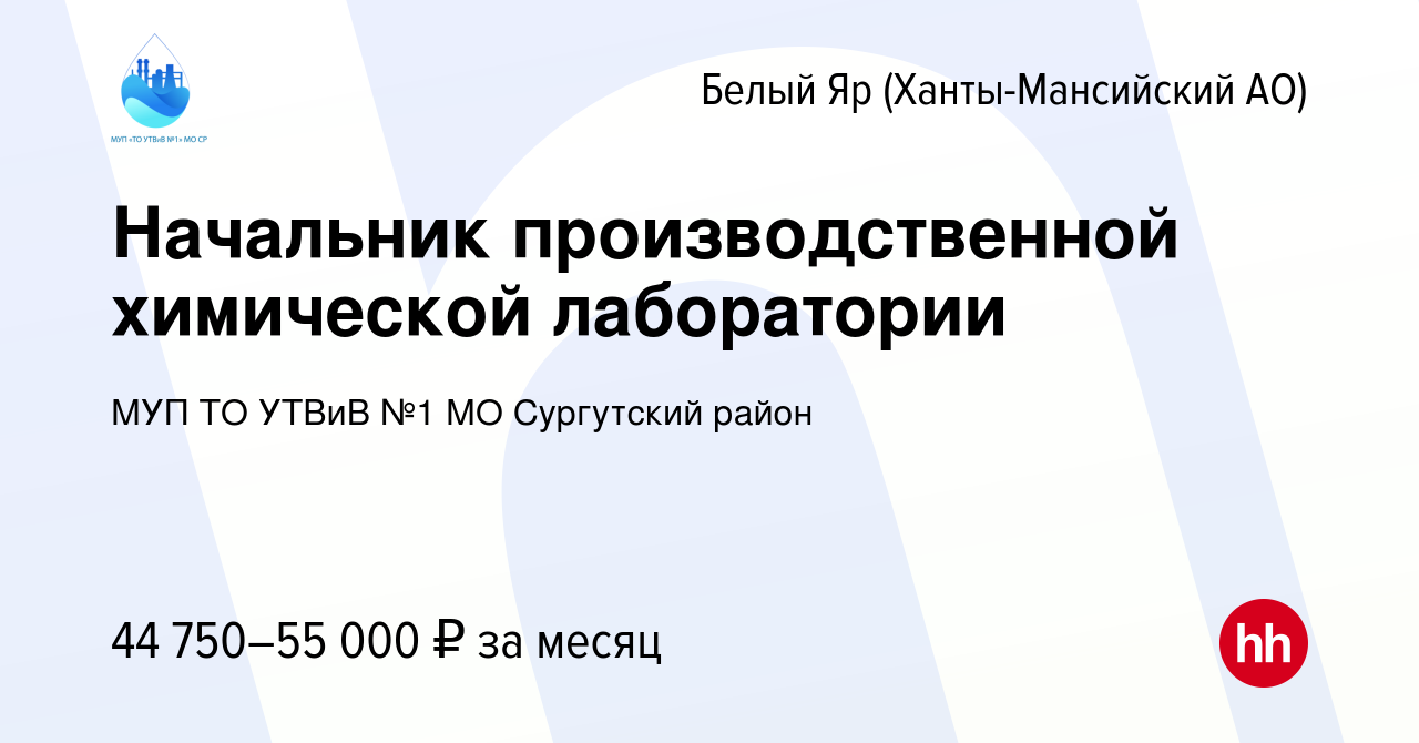 Вакансия Начальник производственной химической лаборатории в Белом Яре,  работа в компании МУП ТО УТВиВ №1 МО Сургутский район (вакансия в архиве c  10 октября 2023)