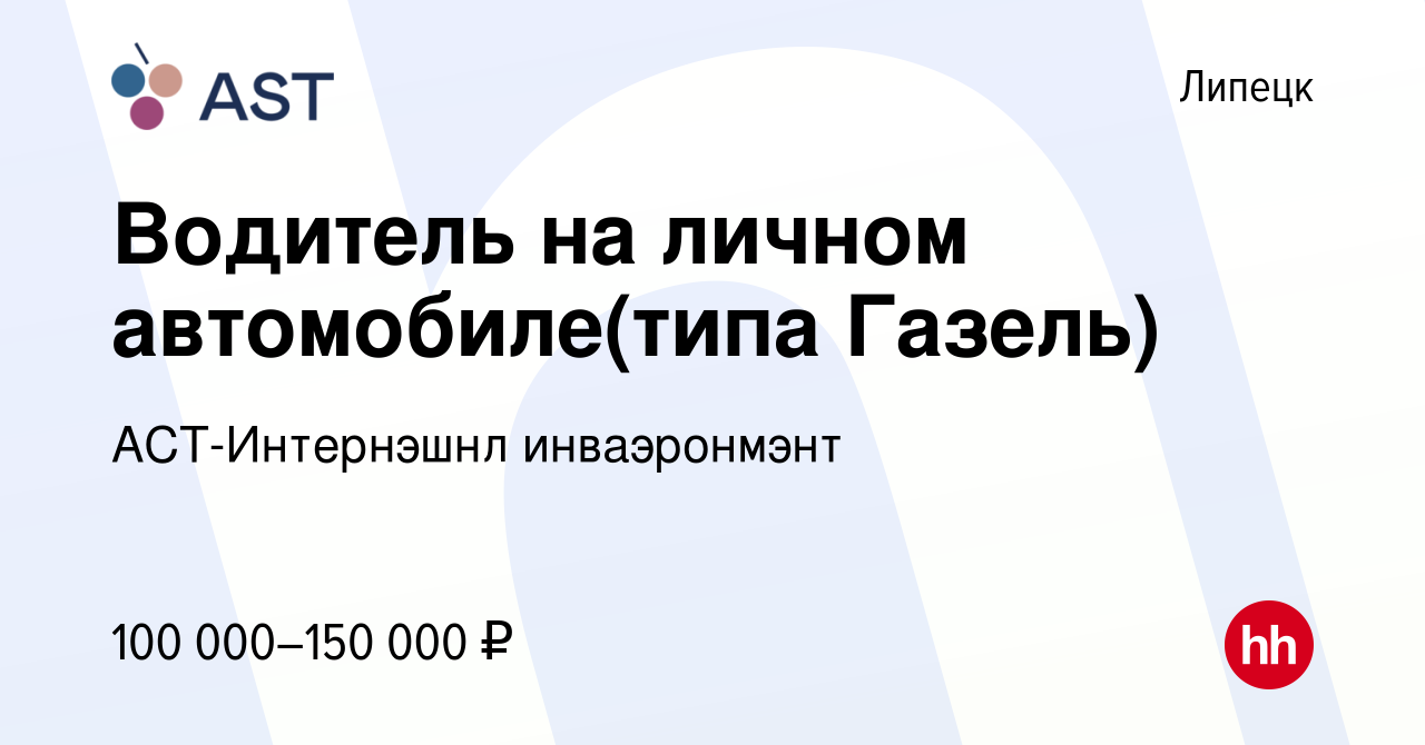 Вакансия Водитель на личном автомобиле(типа Газель) в Липецке, работа в  компании АСТ-Интернэшнл инваэронмэнт (вакансия в архиве c 17 сентября 2023)