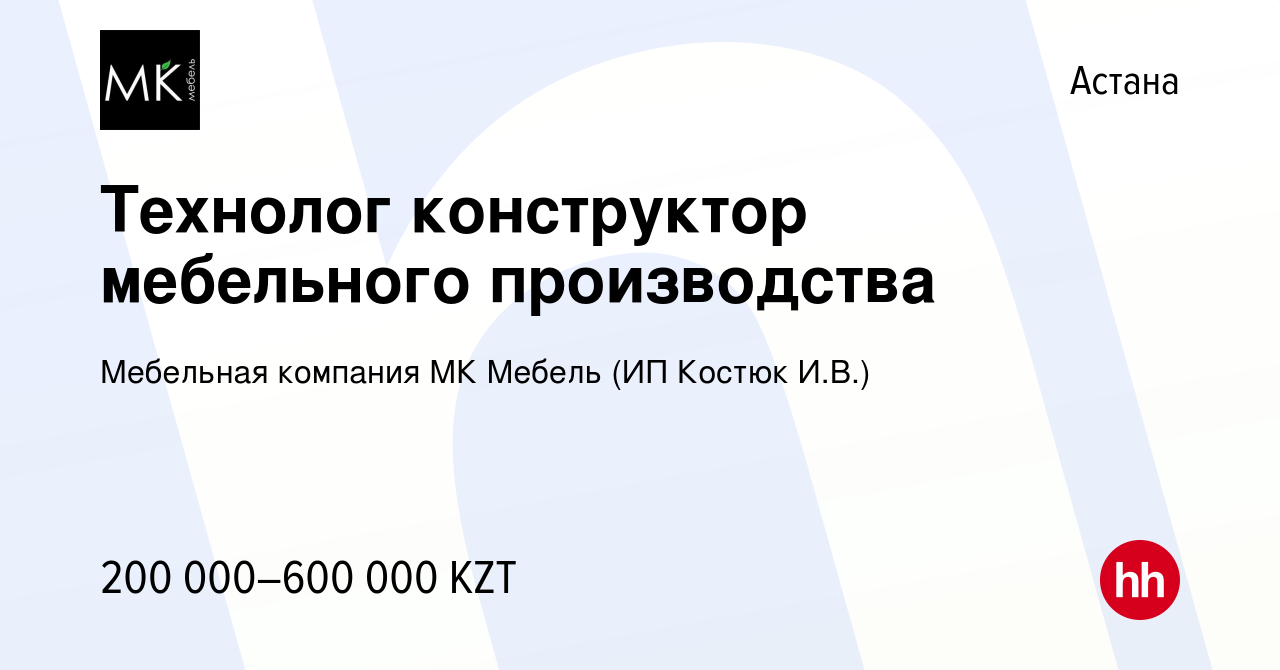 Вакансия Технолог конструктор мебельного производства в Астане, работа в  компании Мебельная компания МК Мебель (ИП Костюк И.В.) (вакансия в архиве c  17 августа 2023)