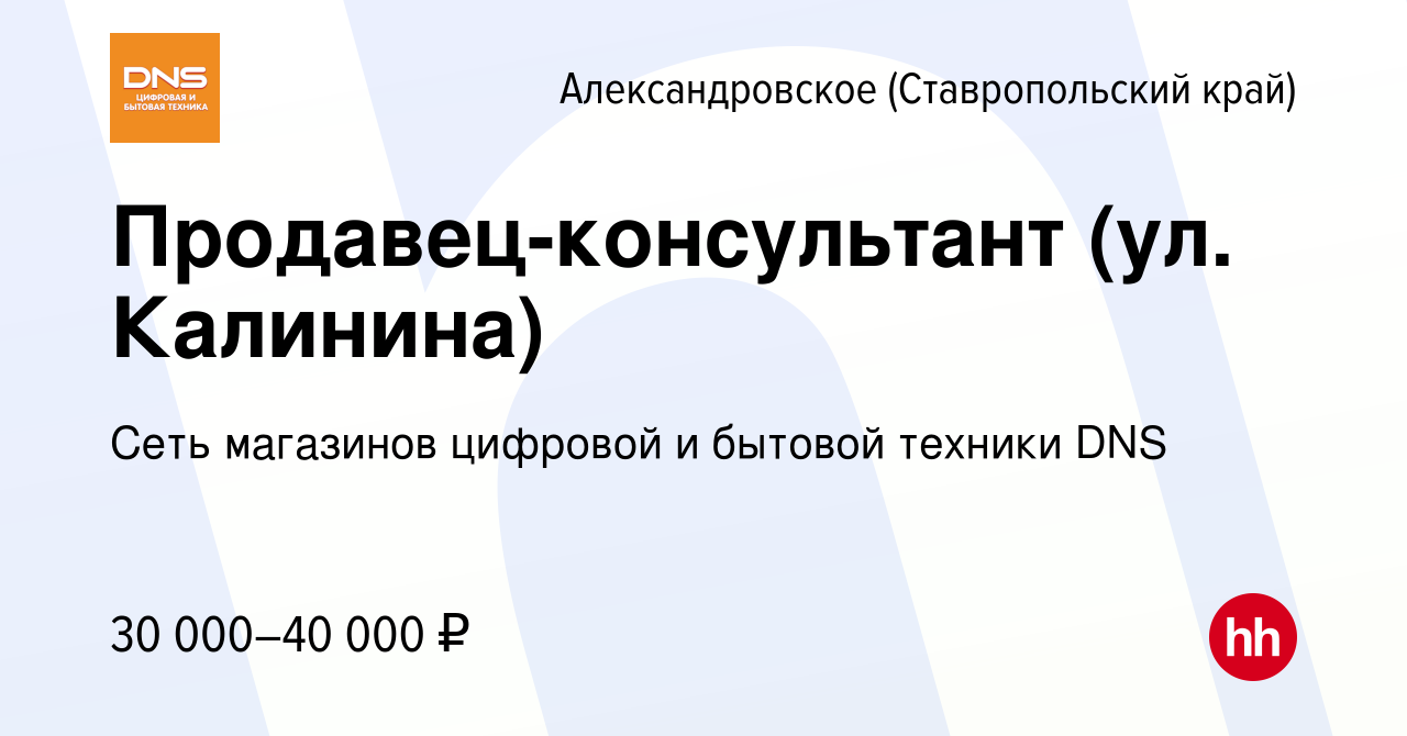 Вакансия Продавец-консультант (ул. Калинина) в Александровском  (Ставропольском крае), работа в компании Сеть магазинов цифровой и бытовой  техники DNS (вакансия в архиве c 11 сентября 2023)