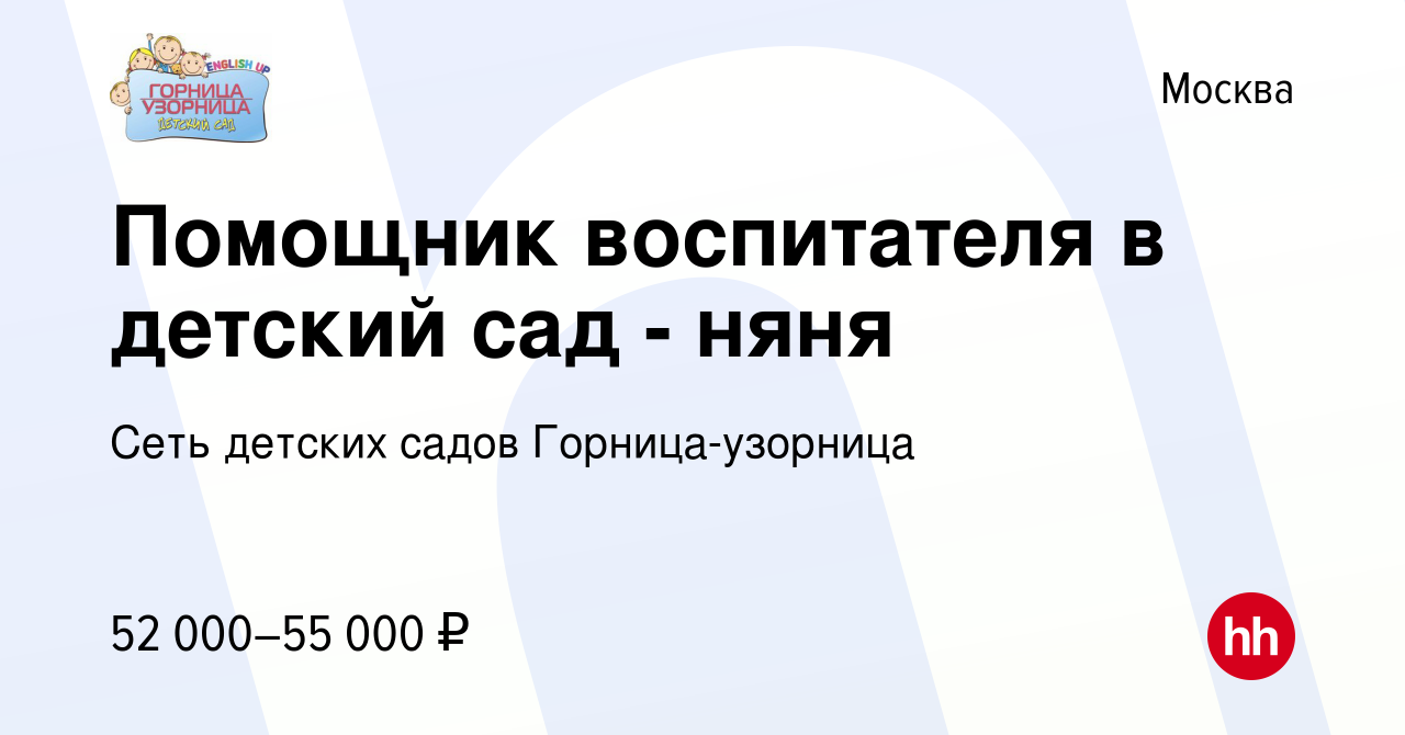 Вакансия Помощник воспитателя в детский сад - няня в Москве, работа в  компании Сеть детских садов Горница-узорница (вакансия в архиве c 24  августа 2023)