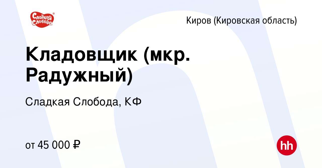 Вакансия Кладовщик (мкр. Радужный) в Кирове (Кировская область), работа в  компании Сладкая Слобода, КФ (вакансия в архиве c 12 сентября 2023)