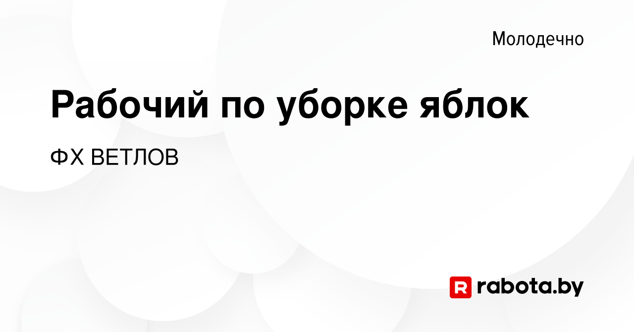 Вакансия Рабочий по уборке яблок в Молодечно, работа в компании ФХ ВЕТЛОВ  (вакансия в архиве c 30 августа 2023)