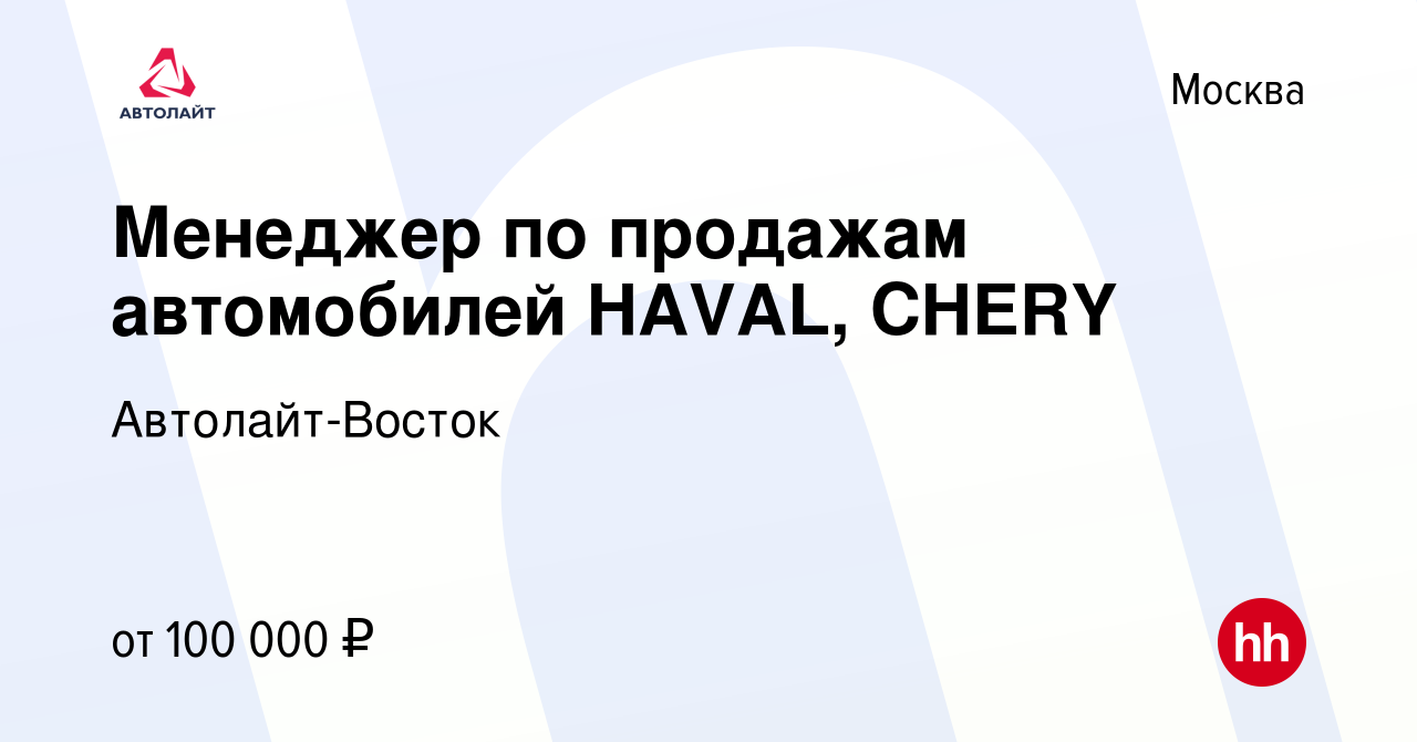 Вакансия Менеджер по продажам автомобилей HAVAL, CHERY в Москве, работа в  компании Автолайт-Восток (вакансия в архиве c 31 августа 2023)