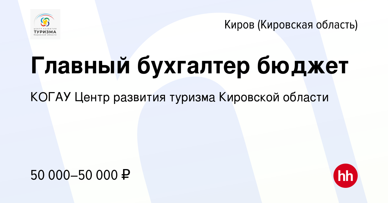 Вакансия Главный бухгалтер бюджет в Кирове (Кировская область), работа в  компании КОГАУ Центр развития туризма Кировской области (вакансия в архиве  c 10 августа 2023)