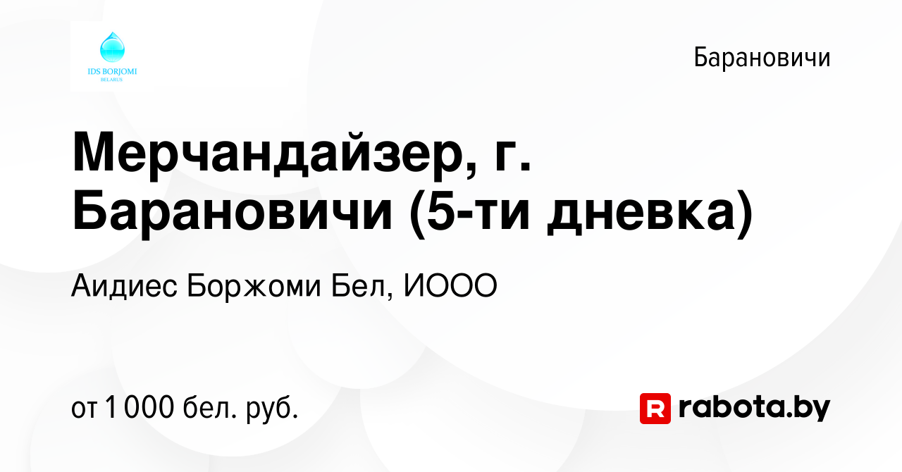 Вакансия Мерчандайзер, г. Барановичи (5-ти дневка) в Барановичах, работа в  компании Аидиес Боржоми Бел, ИООО (вакансия в архиве c 28 августа 2023)