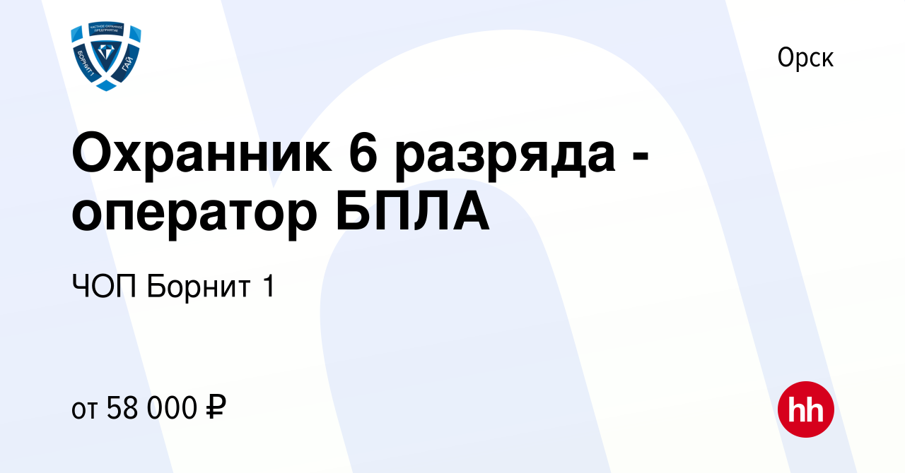 Вакансия Охранник 6 разряда - оператор БПЛА в Орске, работа в компании ЧОП  Борнит 1 (вакансия в архиве c 5 сентября 2023)