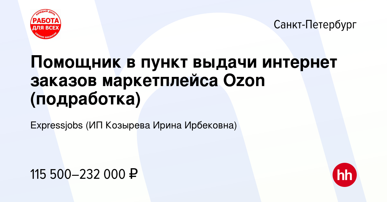 Вакансия Помощник в пункт выдачи интернет заказов маркетплейса Ozon  (подработка) в Санкт-Петербурге, работа в компании Expressjobs (ИП Козырева  Ирина Ирбековна) (вакансия в архиве c 8 сентября 2023)