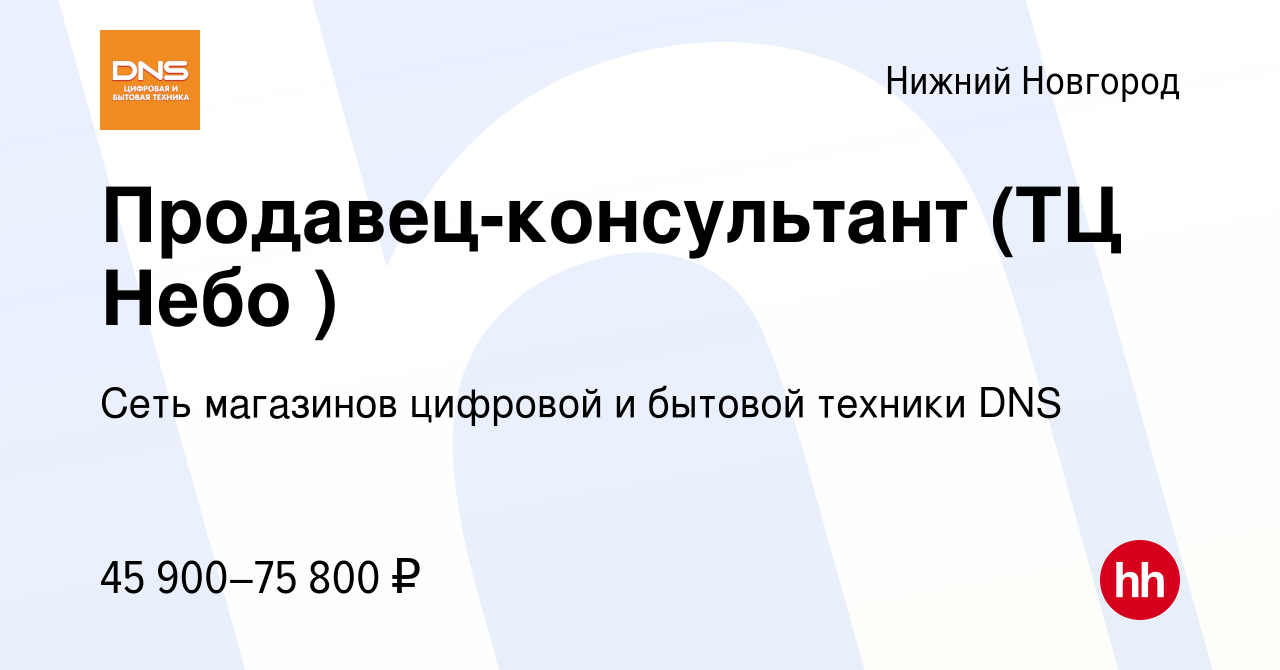 Вакансия Продавец-консультант (ТЦ Небо ) в Нижнем Новгороде, работа в  компании Сеть магазинов цифровой и бытовой техники DNS (вакансия в архиве c  11 декабря 2023)