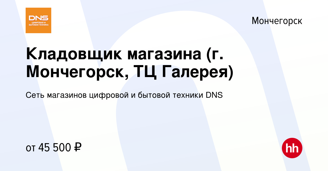 Вакансия Кладовщик магазина (г. Мончегорск, ТЦ Галерея) в Мончегорске,  работа в компании Сеть магазинов цифровой и бытовой техники DNS (вакансия в  архиве c 24 сентября 2023)