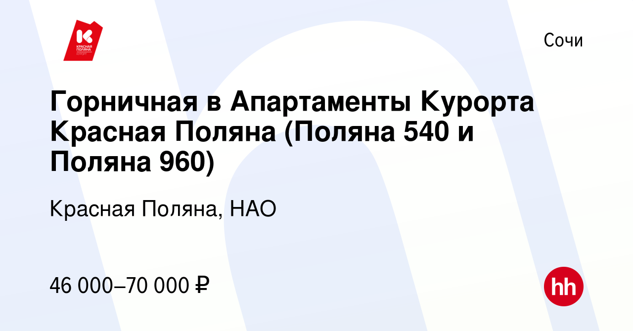 Вакансия Горничная в Апартаменты Курорта Красная Поляна (Поляна 540 и Поляна  960) в Сочи, работа в компании Красная Поляна, НАО (вакансия в архиве c 12  января 2024)