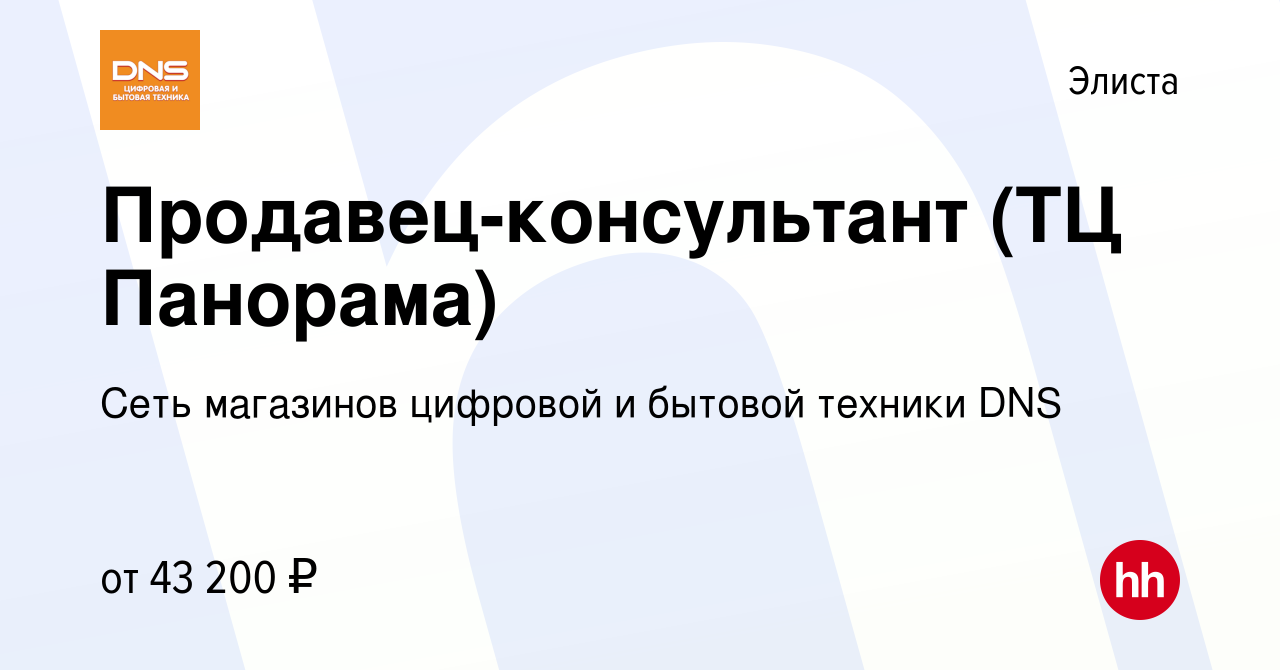 Вакансия Продавец-консультант (ТЦ Панорама) в Элисте, работа в компании  Сеть магазинов цифровой и бытовой техники DNS (вакансия в архиве c 11  сентября 2023)