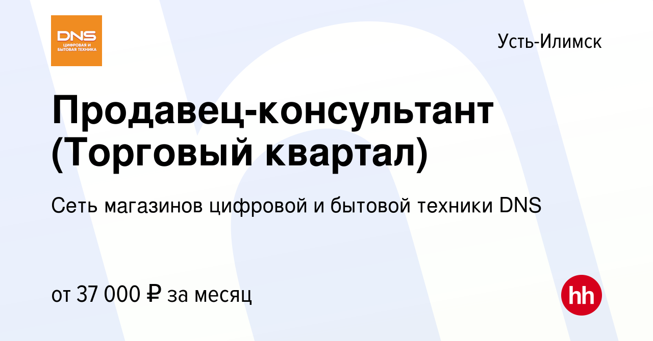 Вакансия Продавец-консультант (Торговый квартал) в Усть-Илимске, работа в  компании Сеть магазинов цифровой и бытовой техники DNS (вакансия в архиве c  28 сентября 2023)