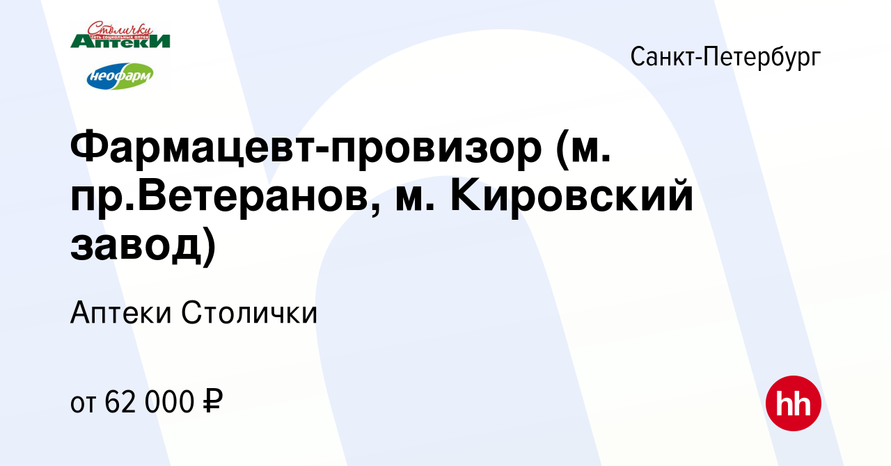 Вакансия Фармацевт-провизор (м. пр.Ветеранов, м. Кировский завод) в  Санкт-Петербурге, работа в компании Аптеки Столички (вакансия в архиве c 14  ноября 2023)