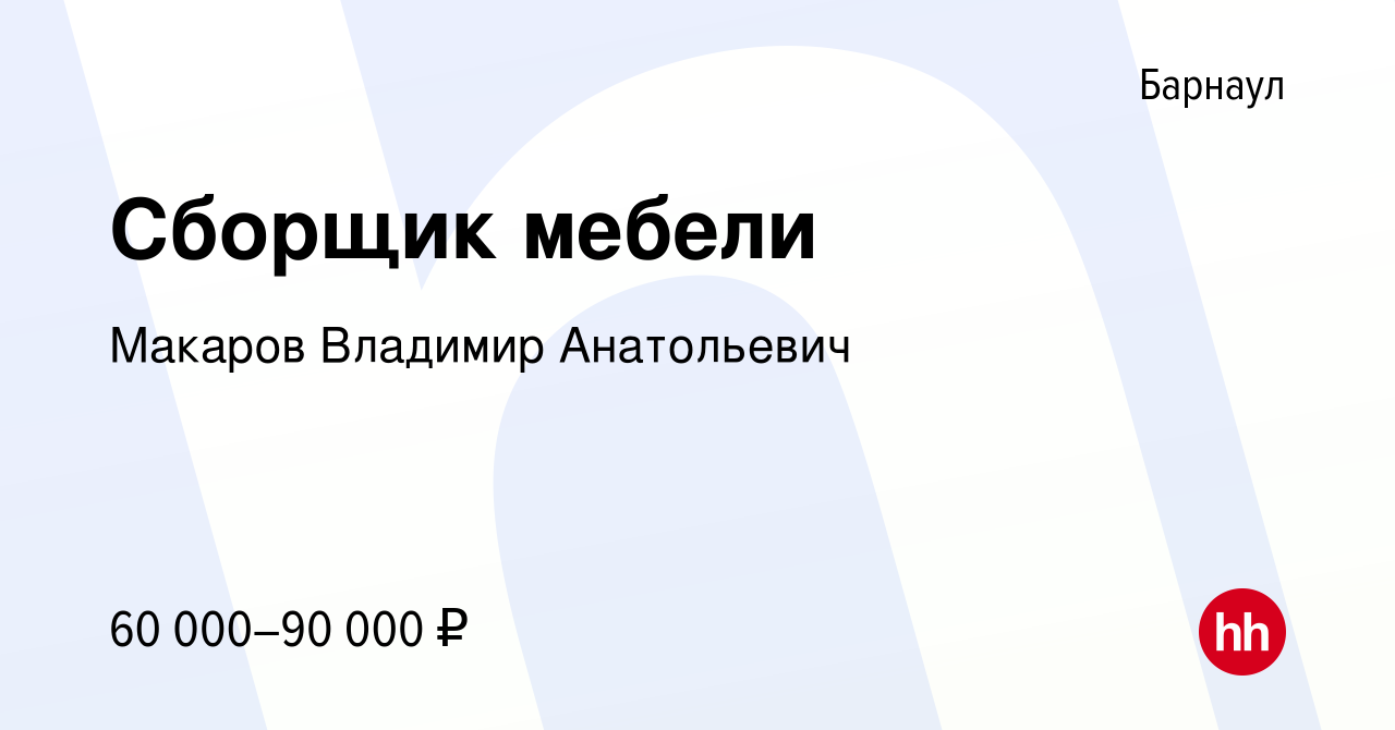 Вакансия Сборщик мебели в Барнауле, работа в компании Макаров Владимир  Анатольевич (вакансия в архиве c 15 сентября 2023)