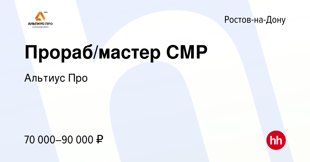 Вакансия Прораб/мастер СМР в Ростове-на-Дону, работа в компании Альтиус Про  (вакансия в архиве c 11 сентября 2023)