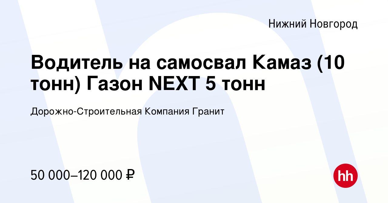 Вакансия Водитель на самосвал Камаз (10 тонн) Газон NEXT 5 тонн в Нижнем  Новгороде, работа в компании Дорожно-Строительная Компания Гранит (вакансия  в архиве c 17 сентября 2023)