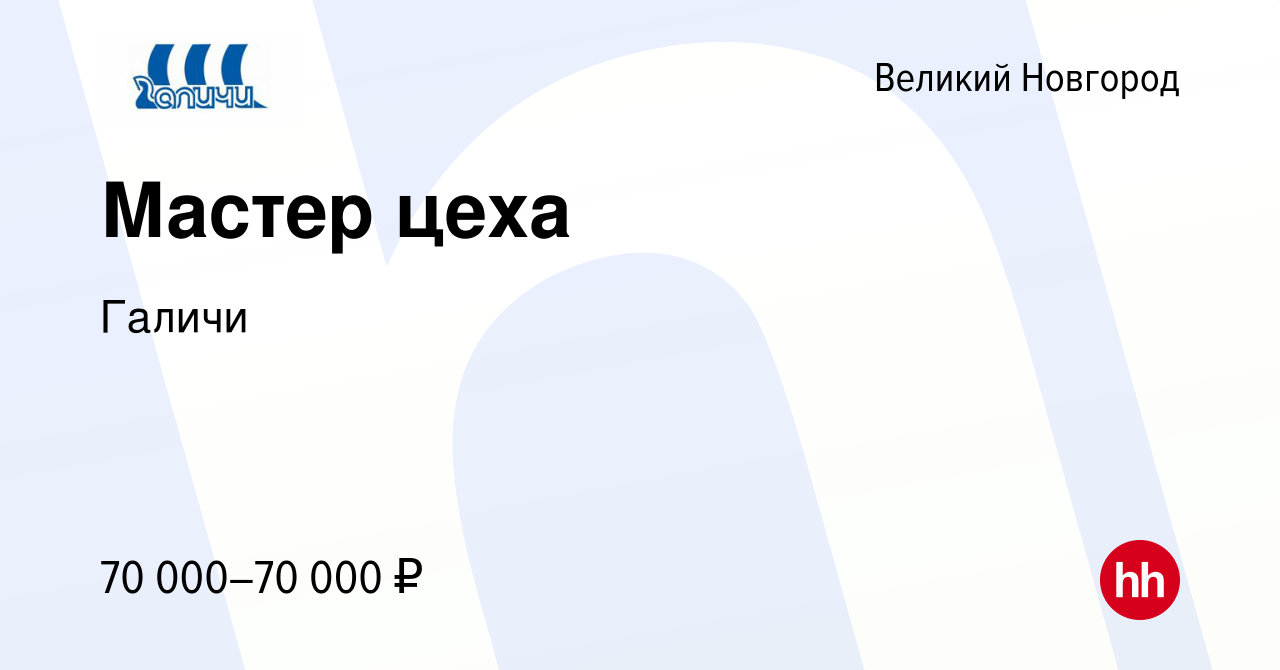 Вакансия Мастер цеха в Великом Новгороде, работа в компании Галичи  (вакансия в архиве c 21 сентября 2023)