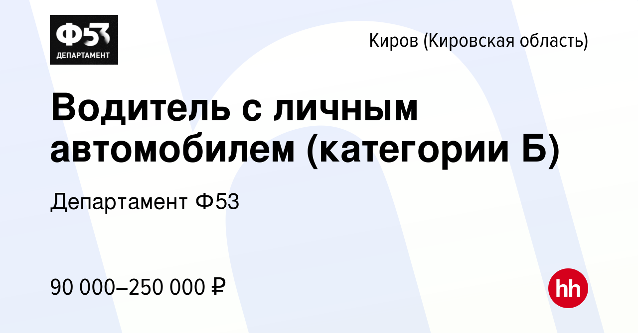 Вакансия Водитель с личным автомобилем (категории Б) в Кирове (Кировская  область), работа в компании Департамент Ф53 (вакансия в архиве c 31 августа  2023)