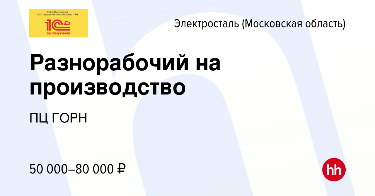 Вакансия Разнорабочий на производство в Электростали, работа в компании ПЦ  ГОРН (вакансия в архиве c 23 сентября 2023)