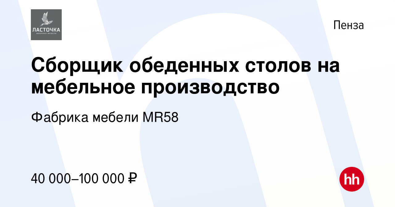 Вакансия Сборщик обеденных столов на мебельное производство в Пензе, работа  в компании Фабрика мебели MR58 (вакансия в архиве c 2 ноября 2023)