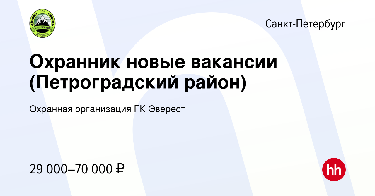 Вакансия Охранник новые вакансии (Петроградский район) в Санкт-Петербурге,  работа в компании Охранная организация ГК Эверест (вакансия в архиве c 23  октября 2023)