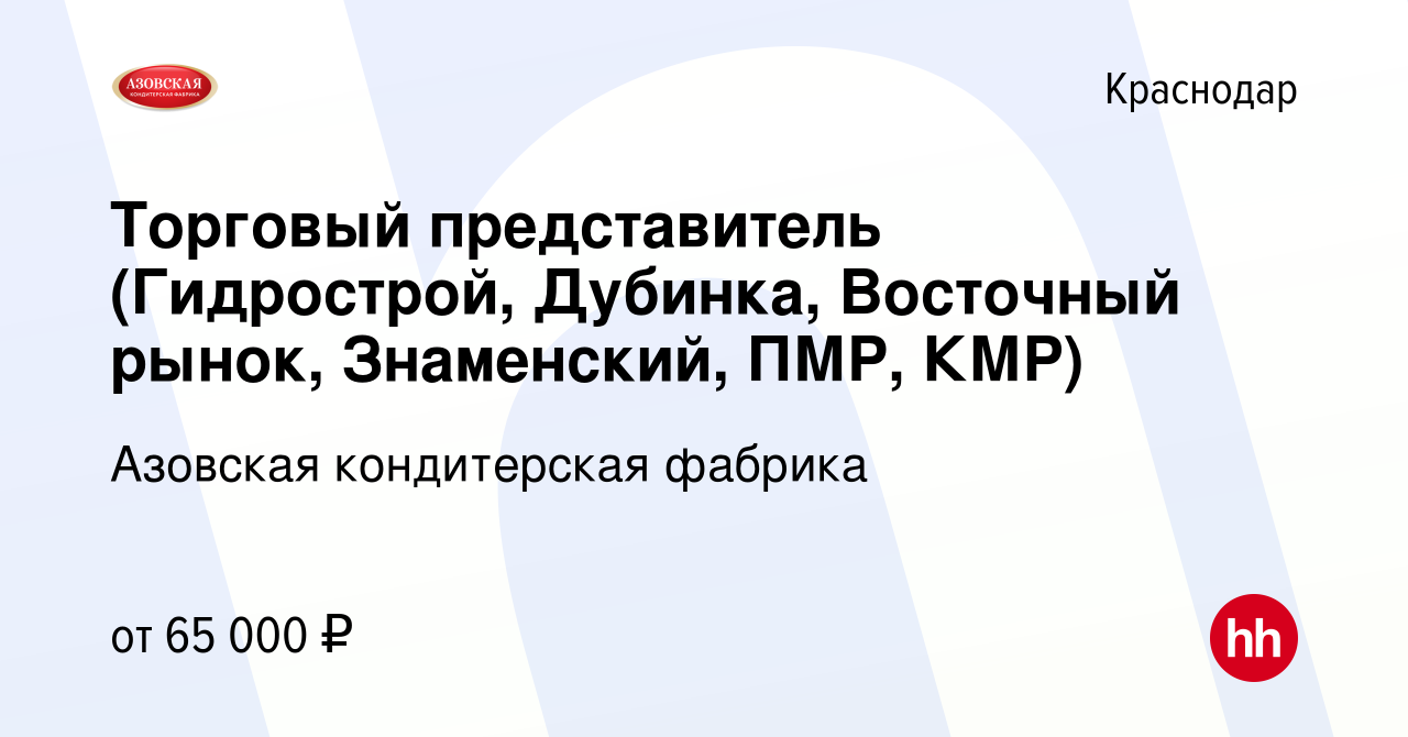 Вакансия Торговый представитель (Гидрострой, Дубинка, Восточный рынок,  Знаменский, ПМР, КМР) в Краснодаре, работа в компании Азовская кондитерская  фабрика (вакансия в архиве c 26 сентября 2023)