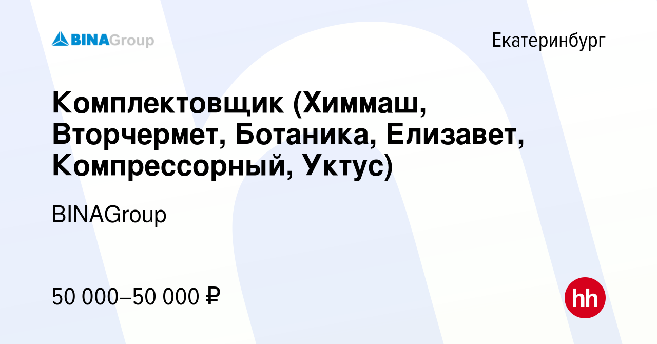 Вакансия Комплектовщик (Химмаш, Вторчермет, Ботаника, Елизавет,  Компрессорный, Уктус) в Екатеринбурге, работа в компании BINAGroup  (вакансия в архиве c 14 ноября 2023)