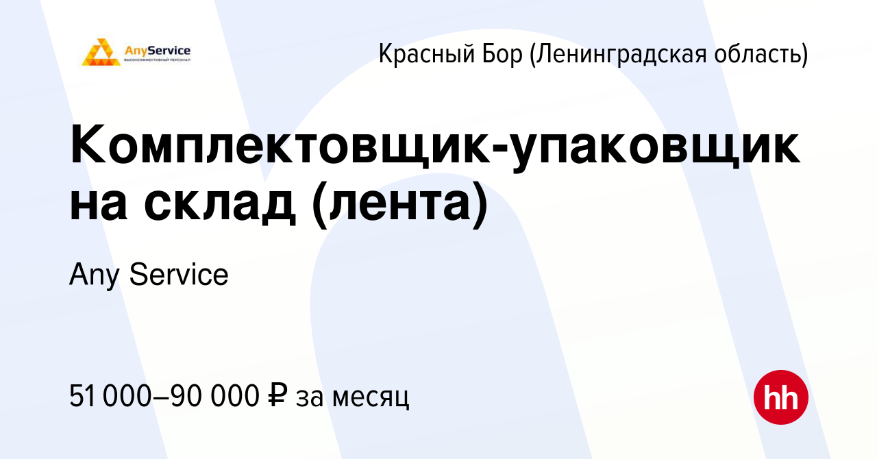 Вакансия Комплектовщик-упаковщик на склад (лента) в Красном Бору  (Ленинградская область), работа в компании Any Service (вакансия в архиве c  9 октября 2023)