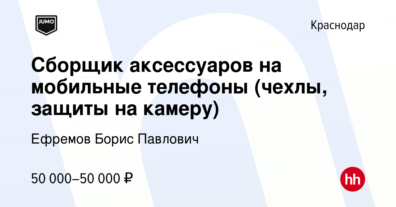 Вакансия Сборщик аксессуаров на мобильные телефоны (чехлы, защиты на  камеру) в Краснодаре, работа в компании Ефремов Борис Павлович (вакансия в  архиве c 30 сентября 2023)