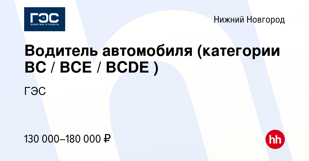 Вакансия Водитель автомобиля (категории BC / ВСЕ / BCDE ) в Нижнем Новгороде,  работа в компании ГЭС (вакансия в архиве c 29 октября 2023)