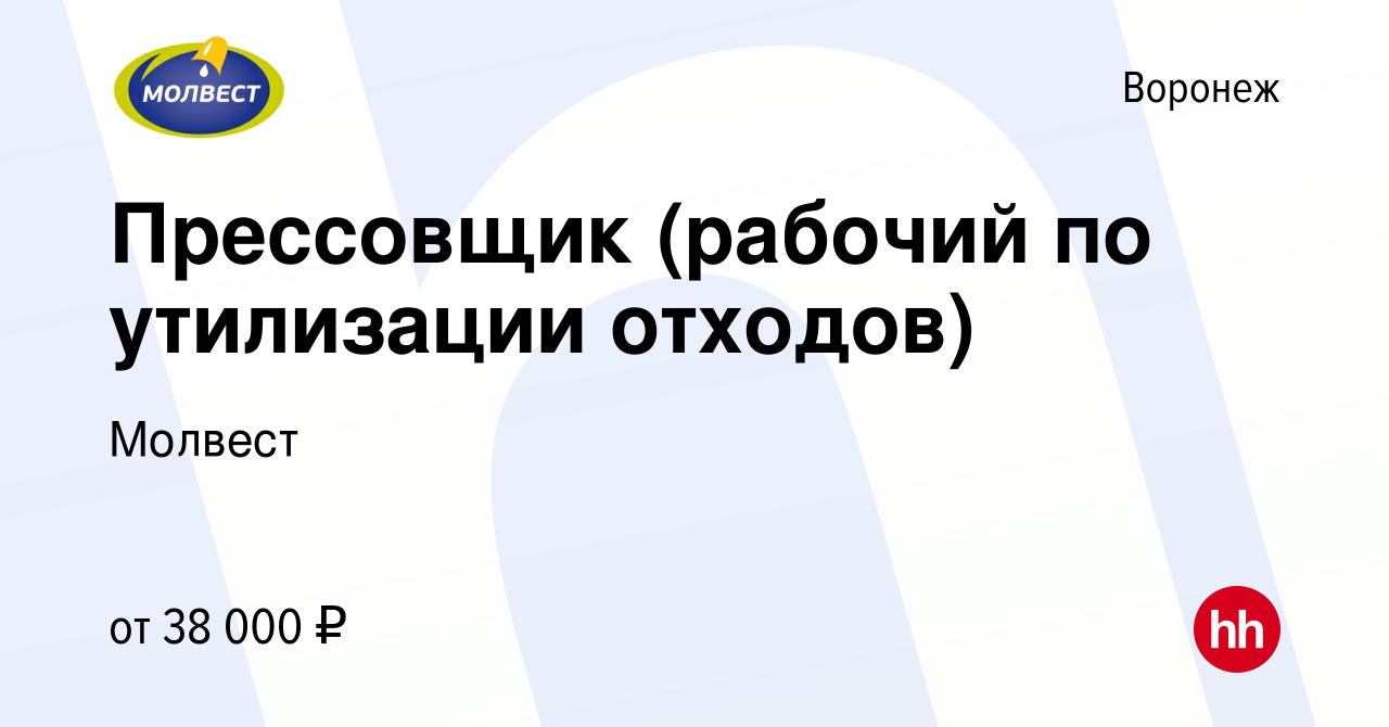 Вакансия Прессовщик (рабочий по утилизации отходов) в Воронеже, работа в  компании Молвест (вакансия в архиве c 26 сентября 2023)