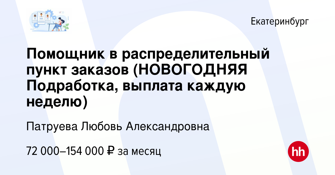 Вакансия Помощник в распределительный пункт заказов (НОВОГОДНЯЯ Подработка,  выплата каждую неделю) в Екатеринбурге, работа в компании Патруева Любовь  Александровна (вакансия в архиве c 17 декабря 2023)