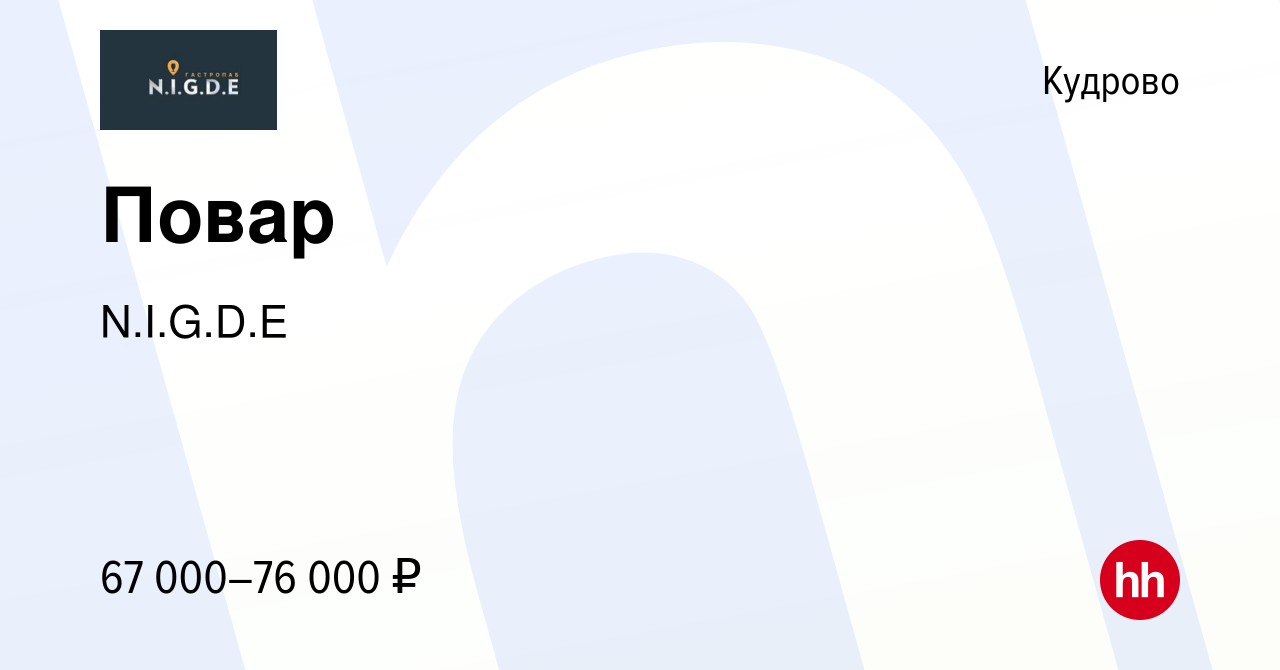 Вакансия Повар в Кудрово, работа в компании N.I.G.D.E (вакансия в архиве c  19 ноября 2023)