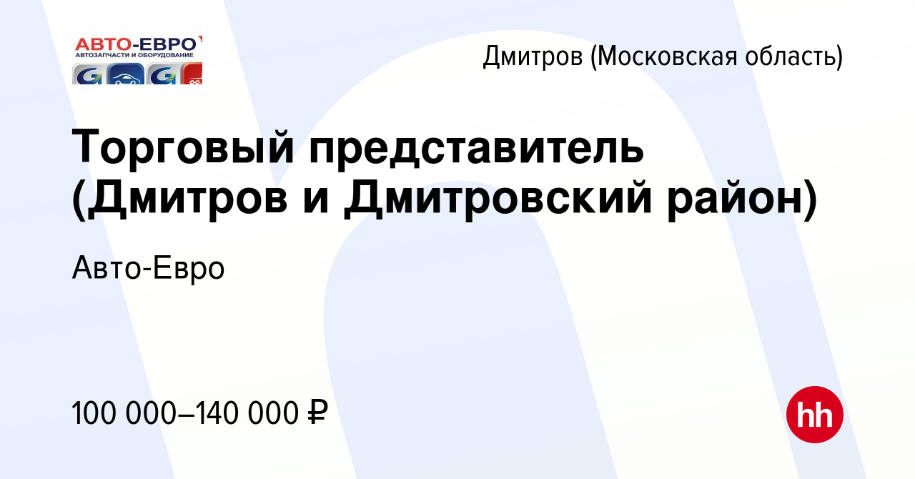 Вакансия Торговый представитель (Дмитров и Дмитровский район) в Дмитрове,  работа в компании Авто-Евро (вакансия в архиве c 13 декабря 2023)