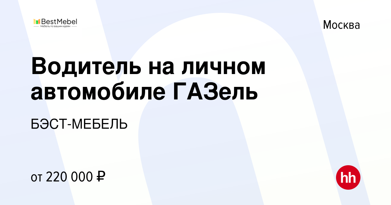 Вакансия Водитель на личном автомобиле ГАЗель в Москве, работа в компании  БЭСТ-МЕБЕЛЬ (вакансия в архиве c 17 января 2024)