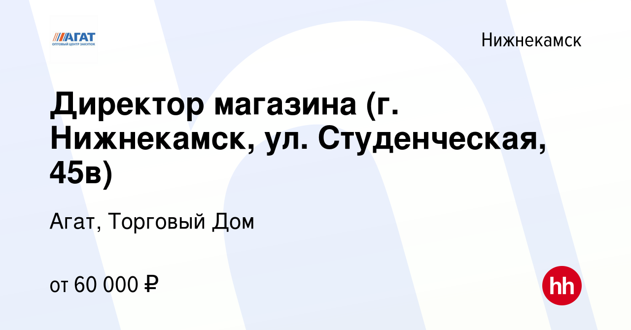 Вакансия Директор магазина (г. Нижнекамск, ул. Студенческая, 45в) в  Нижнекамске, работа в компании Агат, Торговый Дом (вакансия в архиве c 7  ноября 2023)