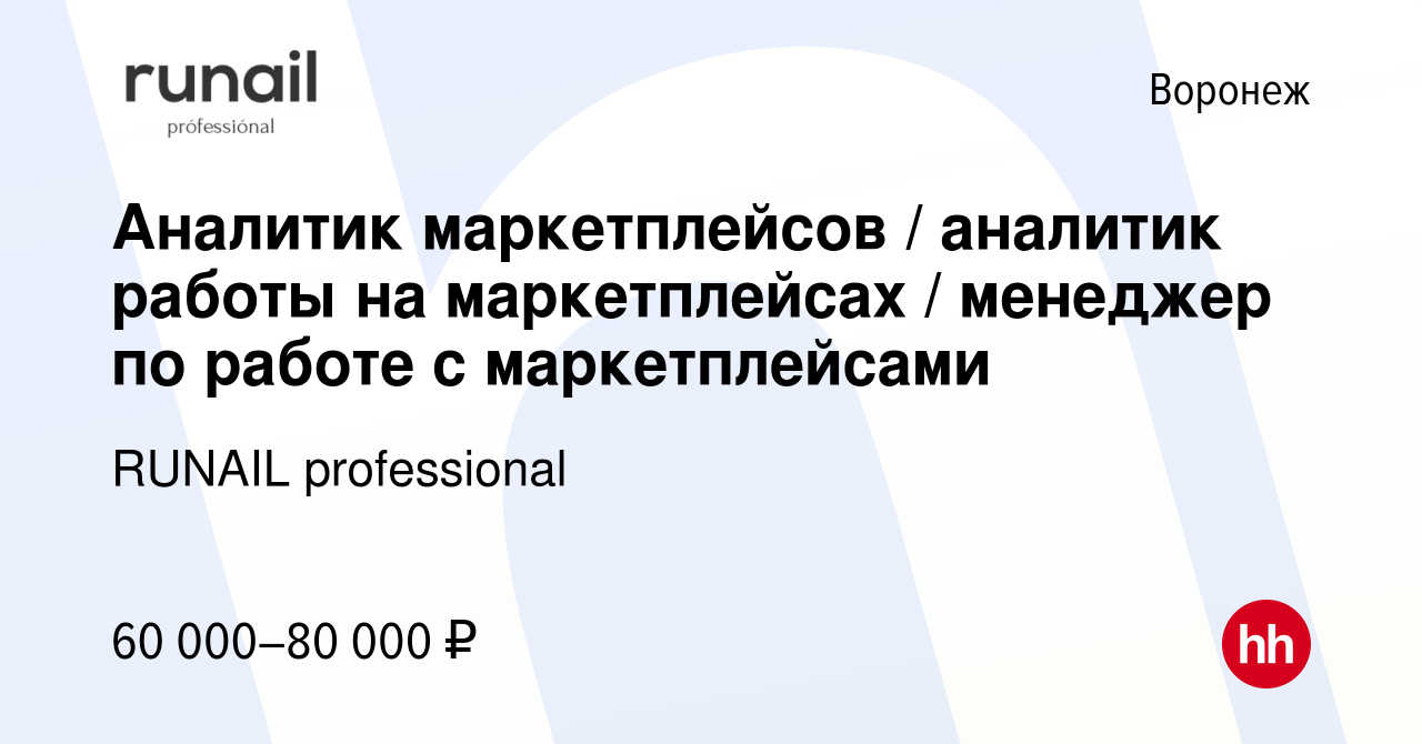 Вакансия Аналитик маркетплейсов / аналитик работы на маркетплейсах /  менеджер по работе с маркетплейсами в Воронеже, работа в компании RUNAIL  professional (вакансия в архиве c 5 ноября 2023)