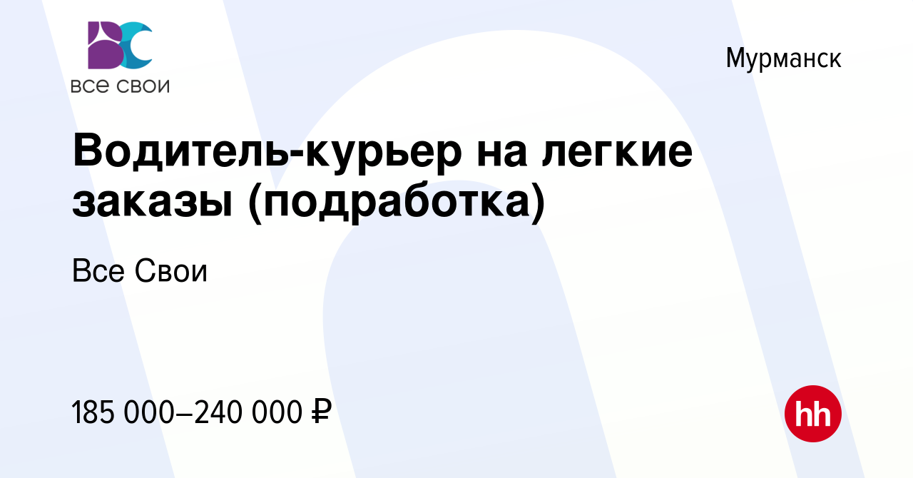 Вакансия Водитель-курьер на легкие заказы (подработка) в Мурманске, работа  в компании Все Свои (вакансия в архиве c 6 ноября 2023)